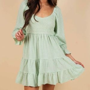 Blushing Brunette Long Sleeve Light Mint Smock Dress